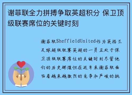 谢菲联全力拼搏争取英超积分 保卫顶级联赛席位的关键时刻