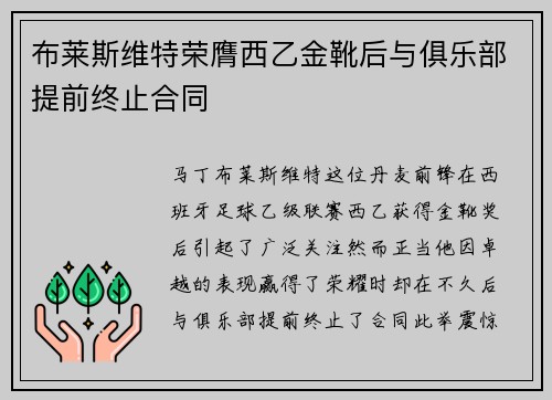 布莱斯维特荣膺西乙金靴后与俱乐部提前终止合同