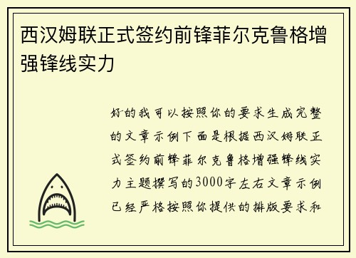 西汉姆联正式签约前锋菲尔克鲁格增强锋线实力